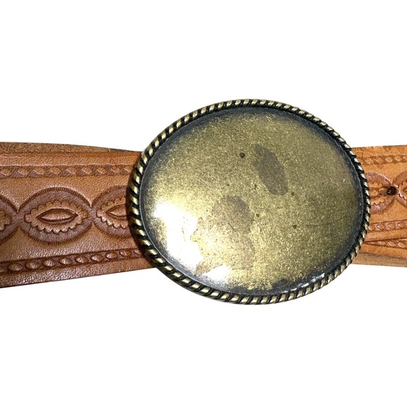 belt vintage Western tan tooled leather 3" oval buckle UP to 34" hippie boho - Picture 4 of 9